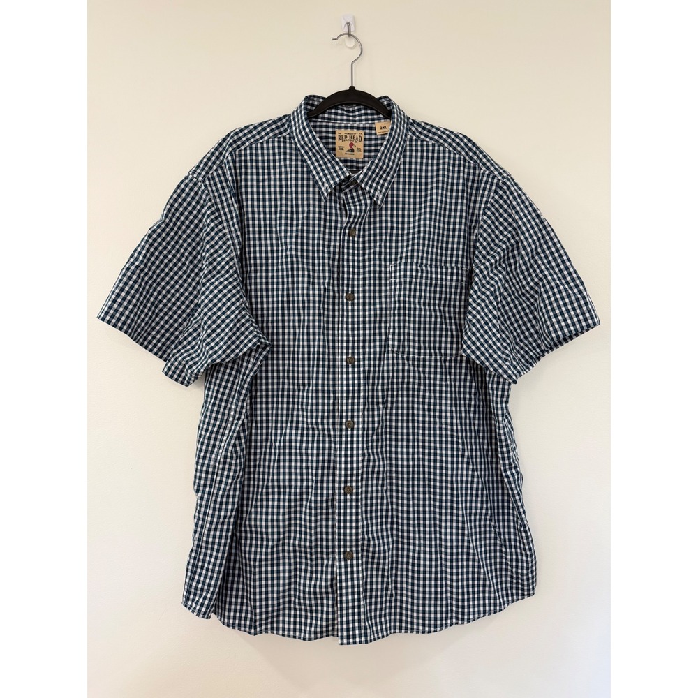 RedHead Brand Co Mens 2XL Navy White Gingham Cotton Short Sleeve Button Down
